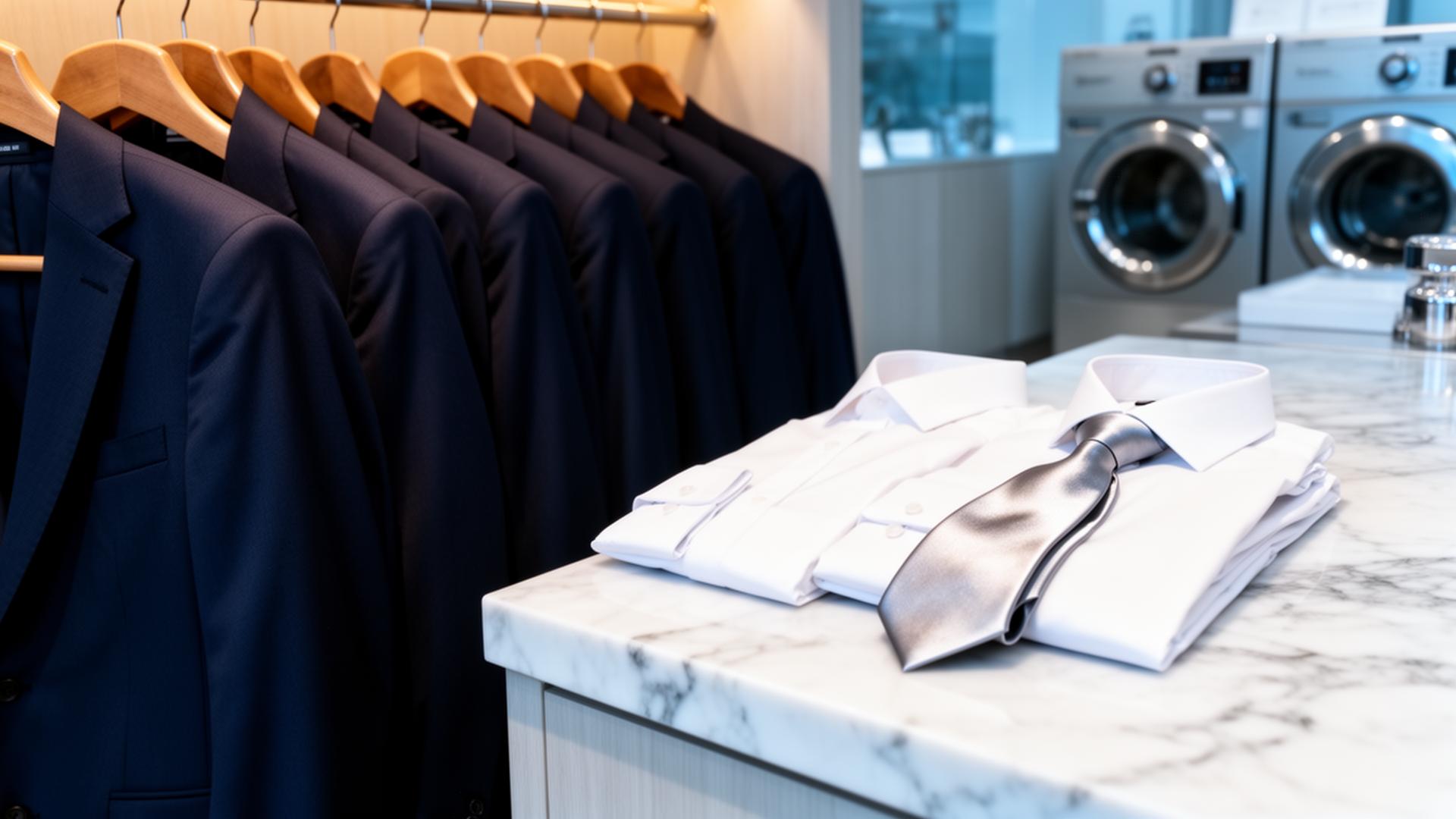 Neatly arranged navy suits and blazers on wooden hangers in a premium dry cleaning boutique